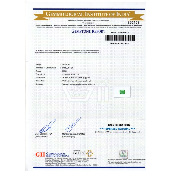 2.08 Ct GII Certified Untreated Natural Zambian Emerald Panna AAA