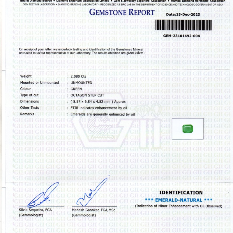 2.08 Ct GII Certified Untreated Natural Zambian Emerald Panna AAA