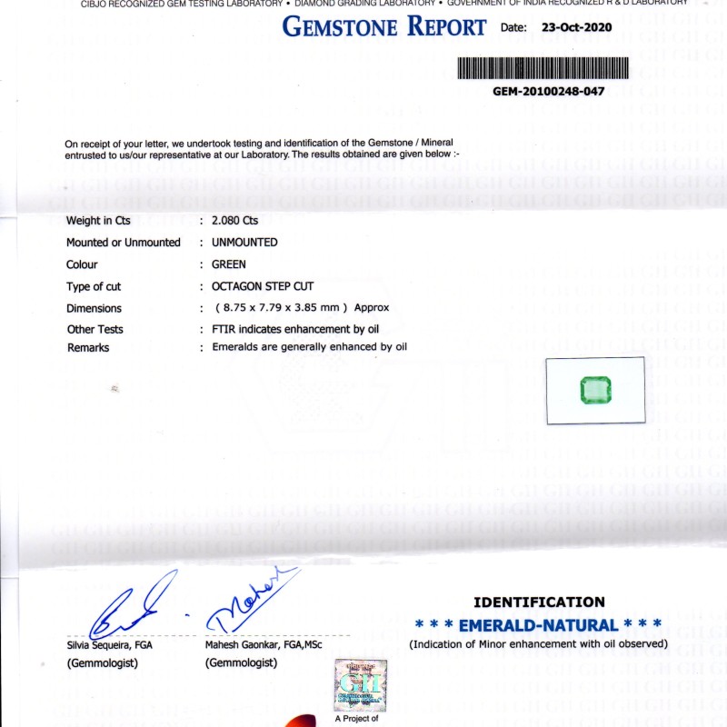 2.08 Ct GII Certified Untreated Natural Zambian Emerald Gems AAAA 2.08 Ct GII Certified Untreated Natural Zambian Emerald Gems AAAA