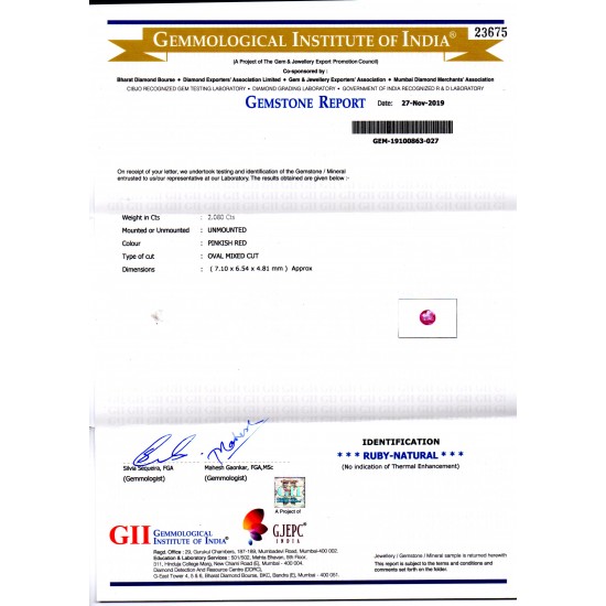 2.08 Ct GII Certified Unheated Untreated Natural Madagaskar Ruby