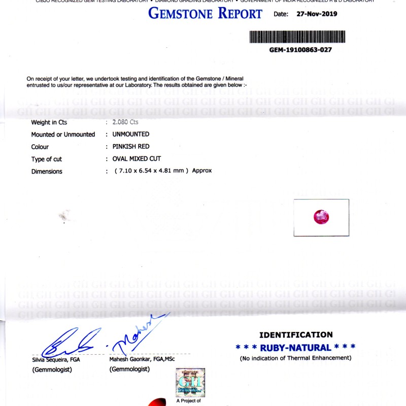 2.08 Ct GII Certified Unheated Untreated Natural Madagaskar Ruby