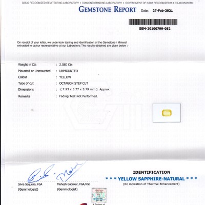 2.08 Ct Gii Certified Unheated Untreated Natural Ceylon Yellow Sapphire AAA