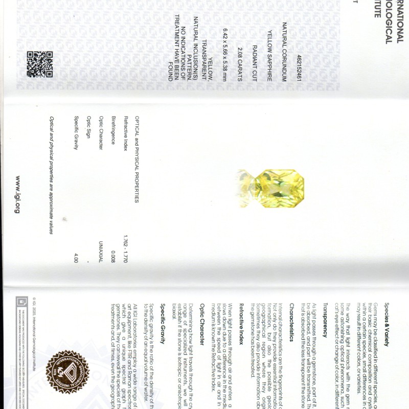 2.08 Ct IGI Certified Unheated Untreated Natural Ceylon Yellow Sapphire 2.08 Ct IGI Certified Unheated Untreated Natural Ceylon Yellow Sapphire