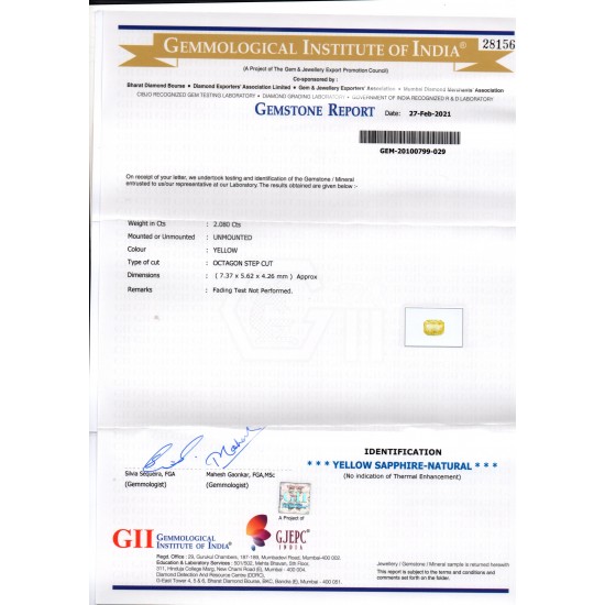 2.08 Ct Gii Certified Unheated Untreated Natural Ceylon Yellow Sapphire AAA