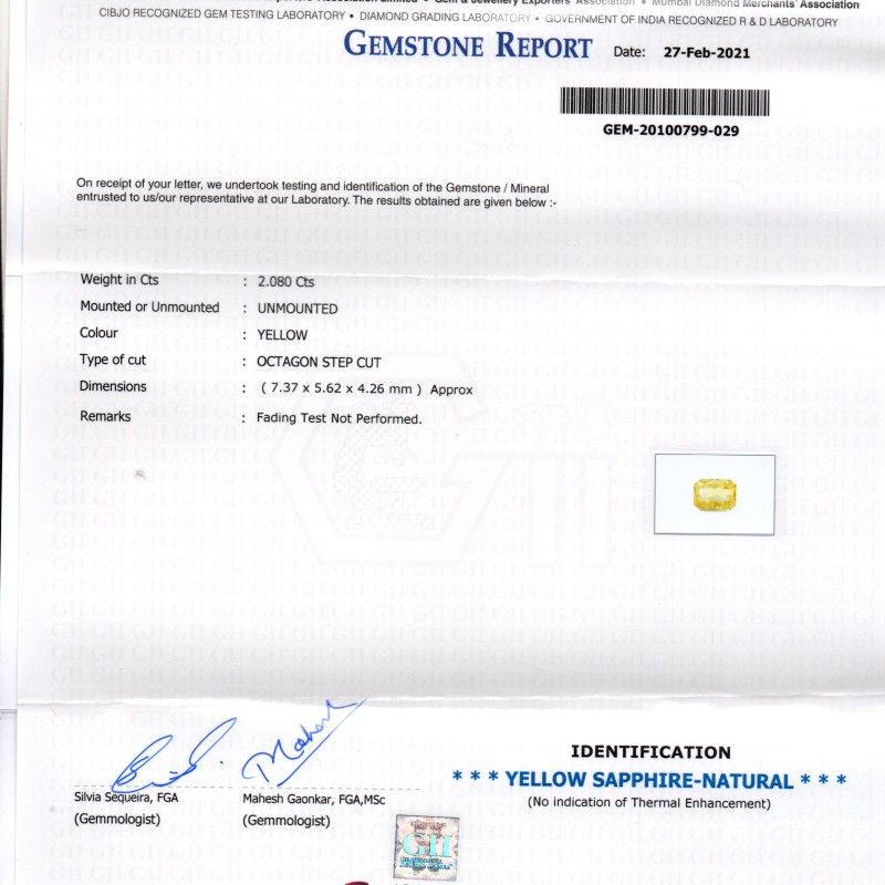 2.08 Ct Gii Certified Unheated Untreated Natural Ceylon Yellow Sapphire AAA 2.08 Ct Gii Certified Unheated Untreated Natural Ceylon Yellow Sapphire AAA