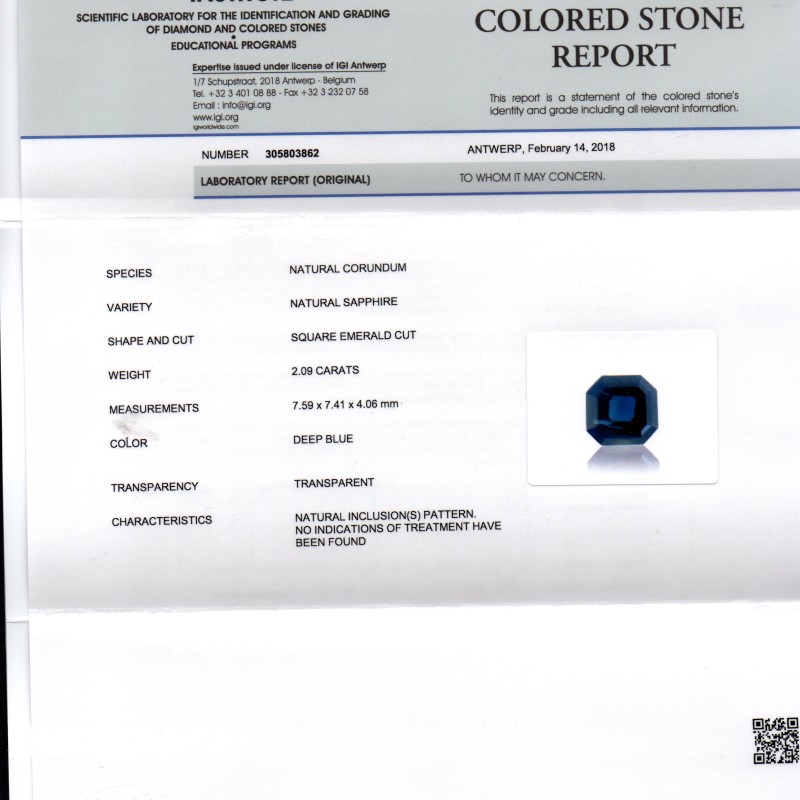 2.09 Ct IGI Certified Unheated Untreated Natural Ceylon Deep Blue Sapphire 2.09 Ct IGI Certified Unheated Untreated Natural Ceylon Deep Blue Sapphire