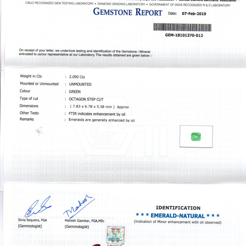 2.09 Ct Untreated Natural Zambian Emerald Gemstone Panna Gems AAAAA