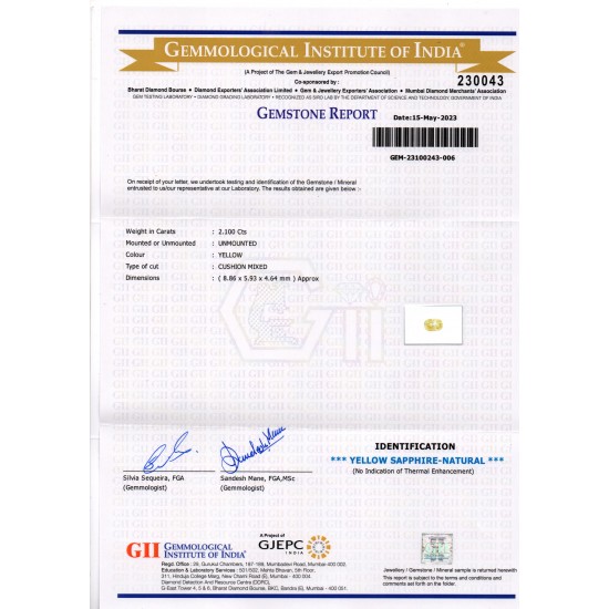 2.10 Ct GII Certified Unheated Untreated Natural Ceylon Yellow Sapphire