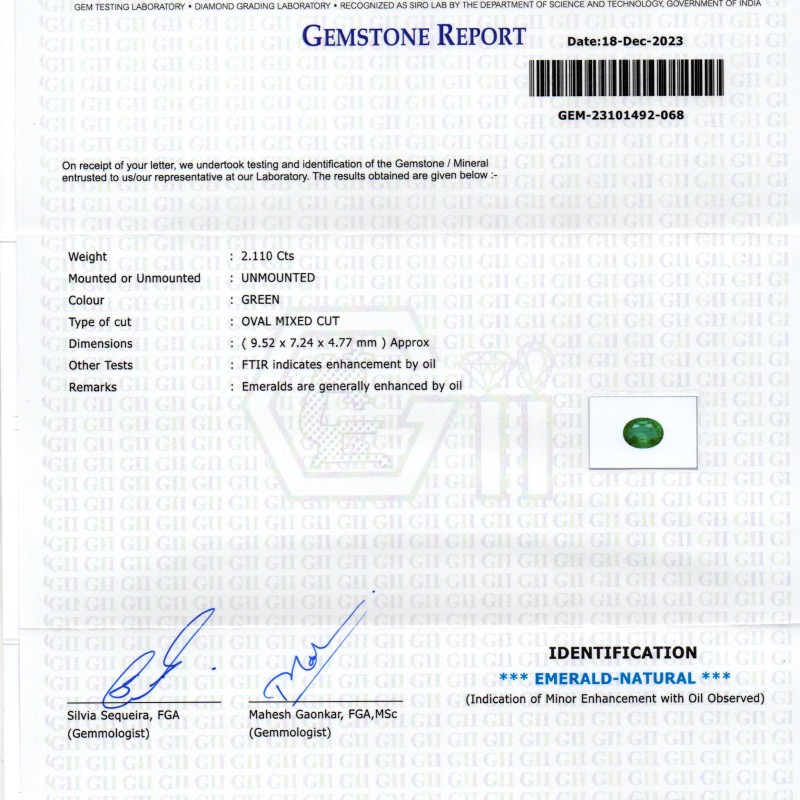 2.11 Ct GII Certified Untreated Natural Zambian Emerald Panna AAA 2.11 Ct GII Certified Untreated Natural Zambian Emerald Panna AAA