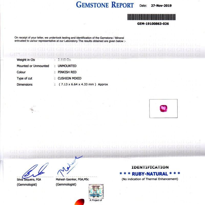 2.11 Ct GII Certified Unheated Untreated Natural Madagaskar Ruby
