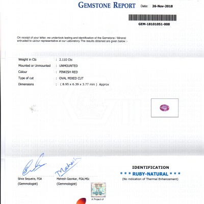 2.11 Ct GII Certified Unheated Untreated Natural Madagaskar Ruby AAA 2.11 Ct GII Certified Unheated Untreated Natural Madagaskar Ruby AAA
