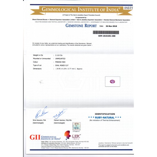2.11 Ct GII Certified Unheated Untreated Natural Madagaskar Ruby AAA