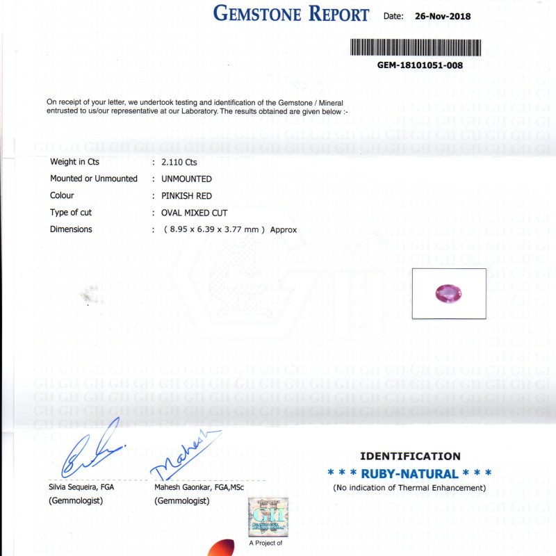 2.11 Ct GII Certified Unheated Untreated Natural Madagaskar Ruby AAA 2.11 Ct GII Certified Unheated Untreated Natural Madagaskar Ruby AAA