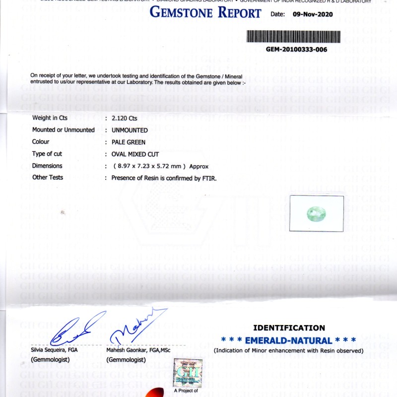 2.12 Ct GII Certified Untreated Natural Colombian Emerald Gemstone 2.12 Ct GII Certified Untreated Natural Colombian Emerald Gemstone