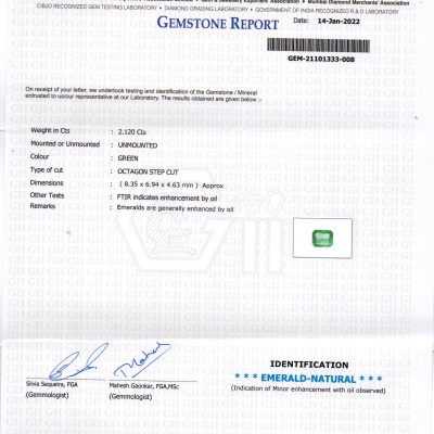 2.12 Ct GII Certified Untreated Natural Zambian Emerald Gemstone
