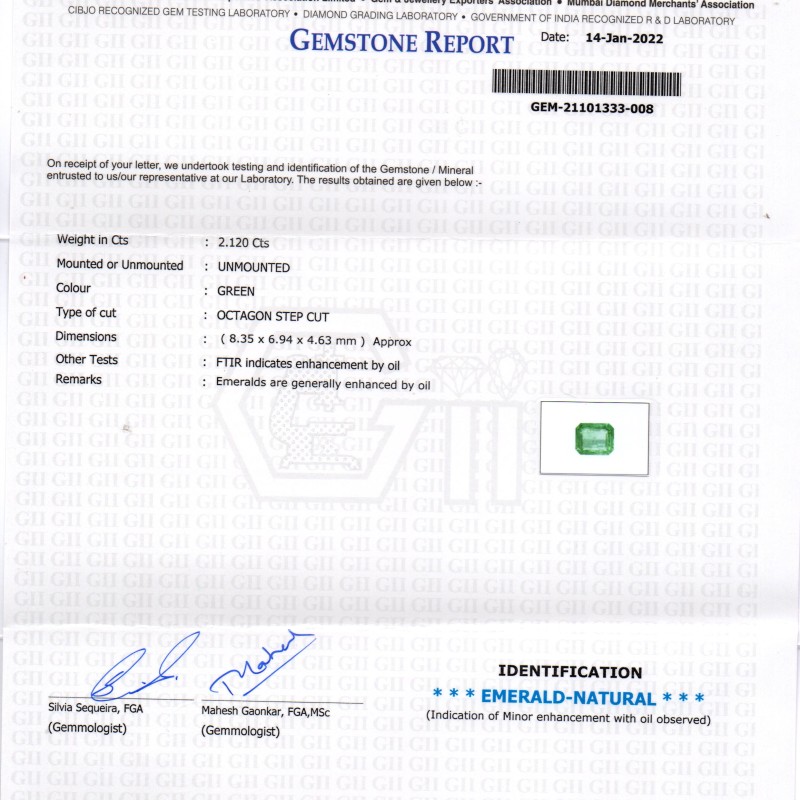 2.12 Ct GII Certified Untreated Natural Zambian Emerald Gemstone