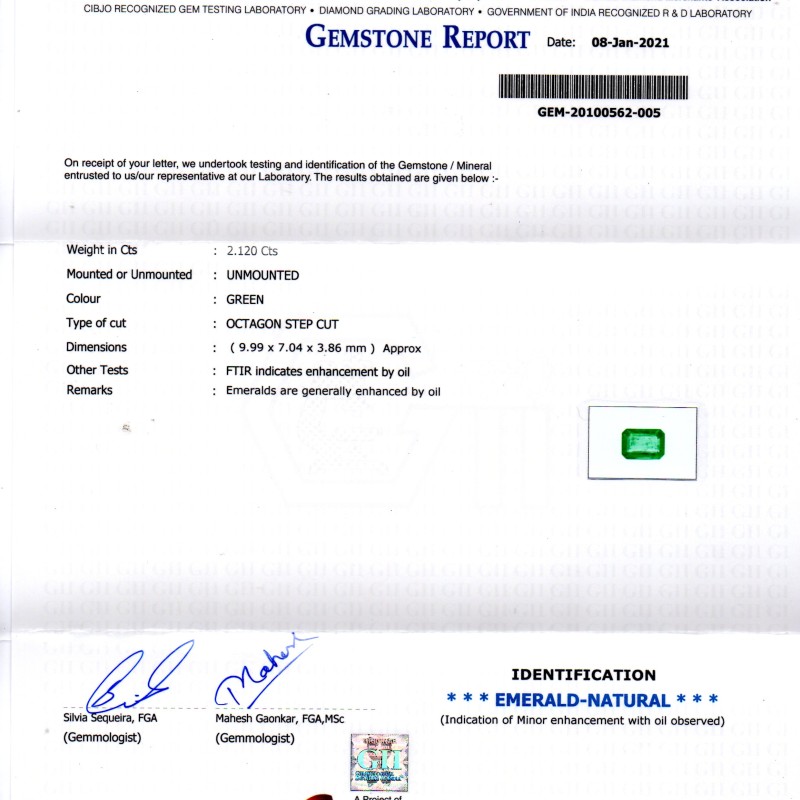 2.12 Ct Certified Untreated Natural Zambian Emerald Gems AAA 2.12 Ct Certified Untreated Natural Zambian Emerald Gems AAA