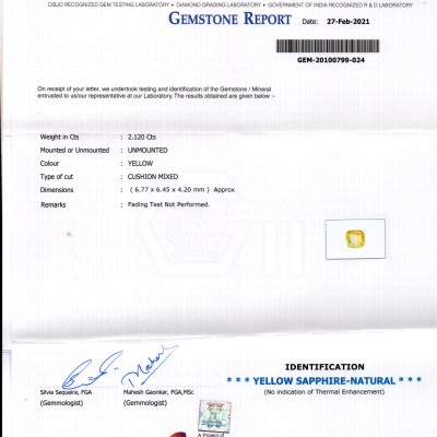 2.12 Ct Gii Certified Unheated Untreated Natural Ceylon Yellow Sapphire AAA