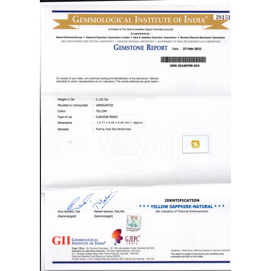 2.12 Ct Gii Certified Unheated Untreated Natural Ceylon Yellow Sapphire AAA