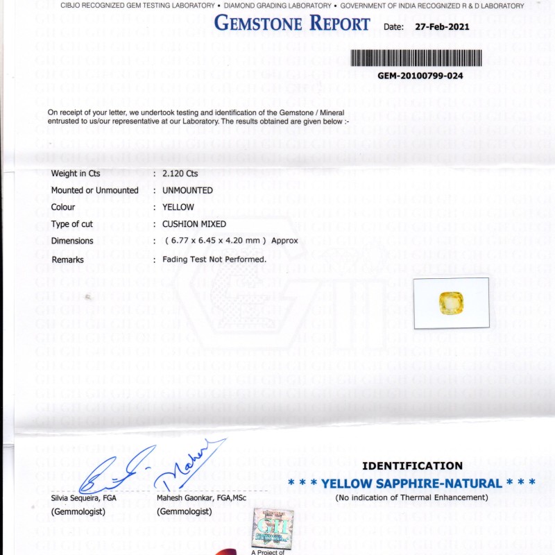 2.12 Ct Gii Certified Unheated Untreated Natural Ceylon Yellow Sapphire AAA