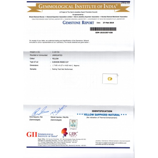 2.12 Ct GII Certified Unheated Untreated Natural Ceylon Yellow Sapphire