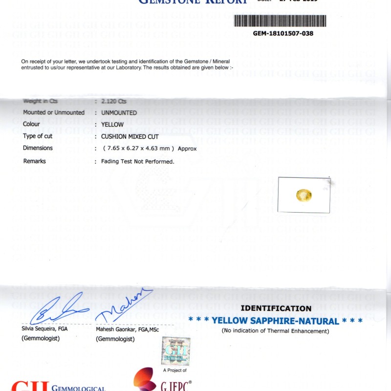 2.12 Ct GII Certified Unheated Untreated Natural Ceylon Yellow Sapphire