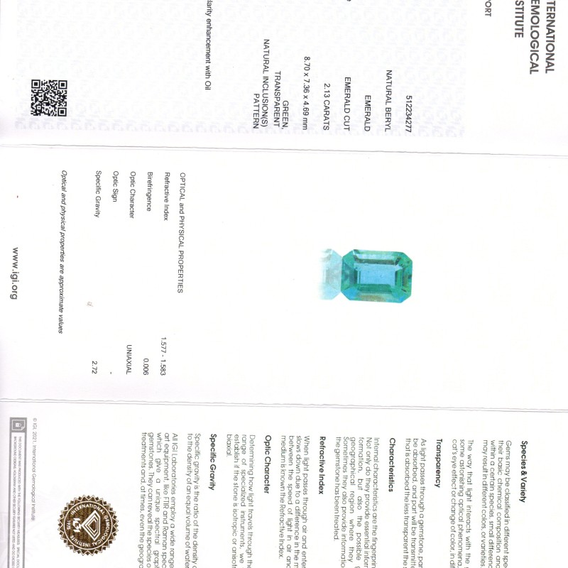 2.13 Ct IGI Certified Untreated Natural Zambian Emerald Gemstone AAA