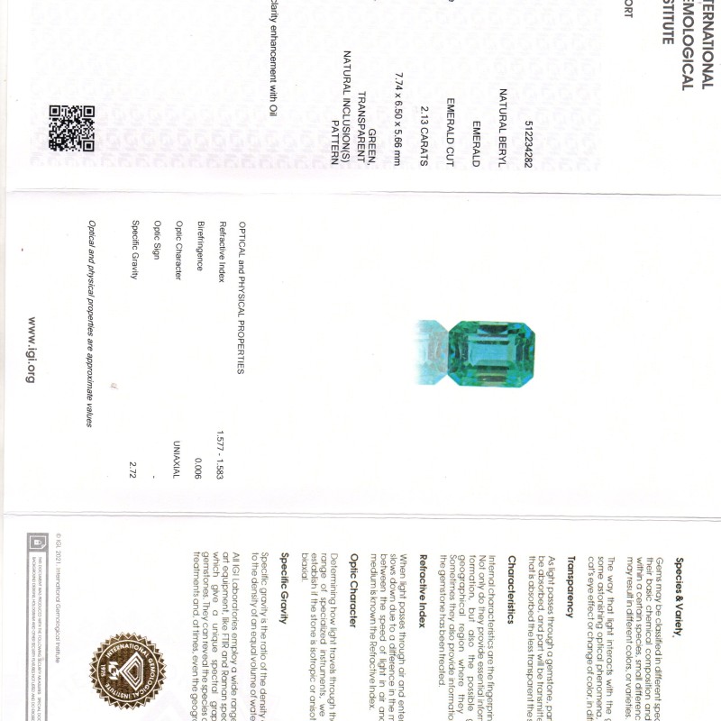 2.13 Ct IGI Certified Untreated Natural Zambian Emerald Gemstone AAA 2.13 Ct IGI Certified Untreated Natural Zambian Emerald Gemstone AAA