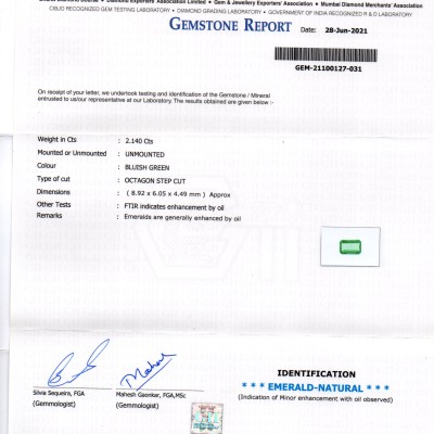 2.14 Ct GII Certified Untreated Natural Zambian Emerald Gemstone AAAAA 2.14 Ct GII Certified Untreated Natural Zambian Emerald Gemstone AAAAA
