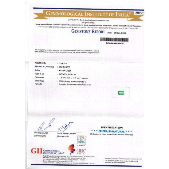 2.14 Ct GII Certified Untreated Natural Zambian Emerald Gemstone AAAAA