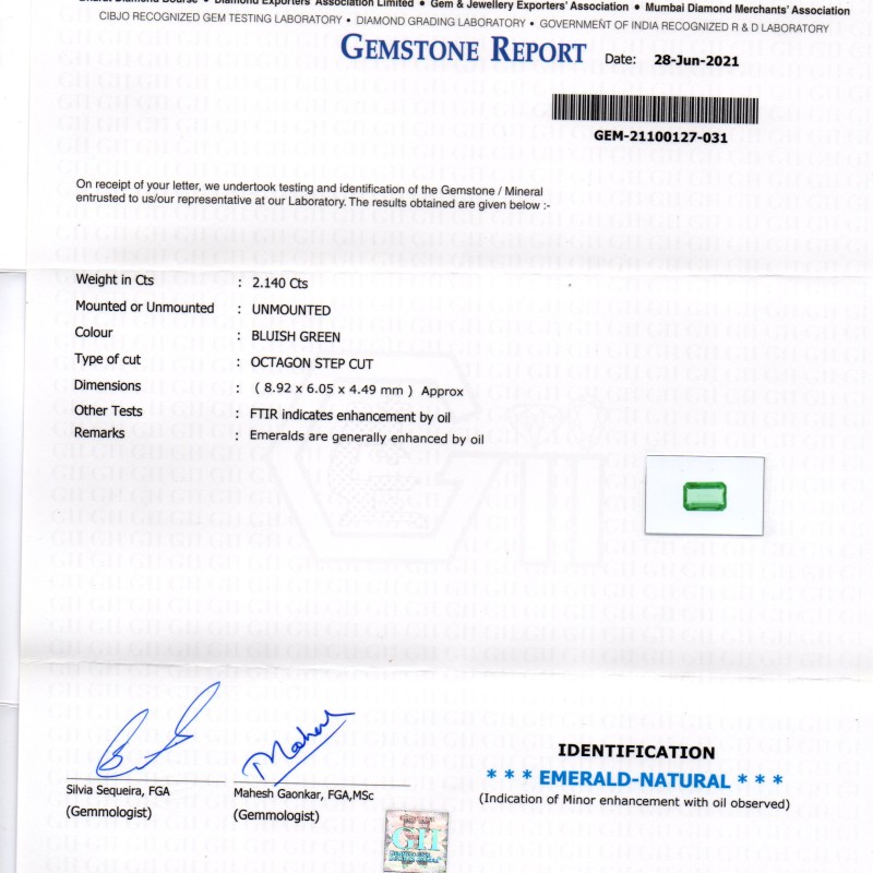2.14 Ct GII Certified Untreated Natural Zambian Emerald Gemstone AAAAA 2.14 Ct GII Certified Untreated Natural Zambian Emerald Gemstone AAAAA