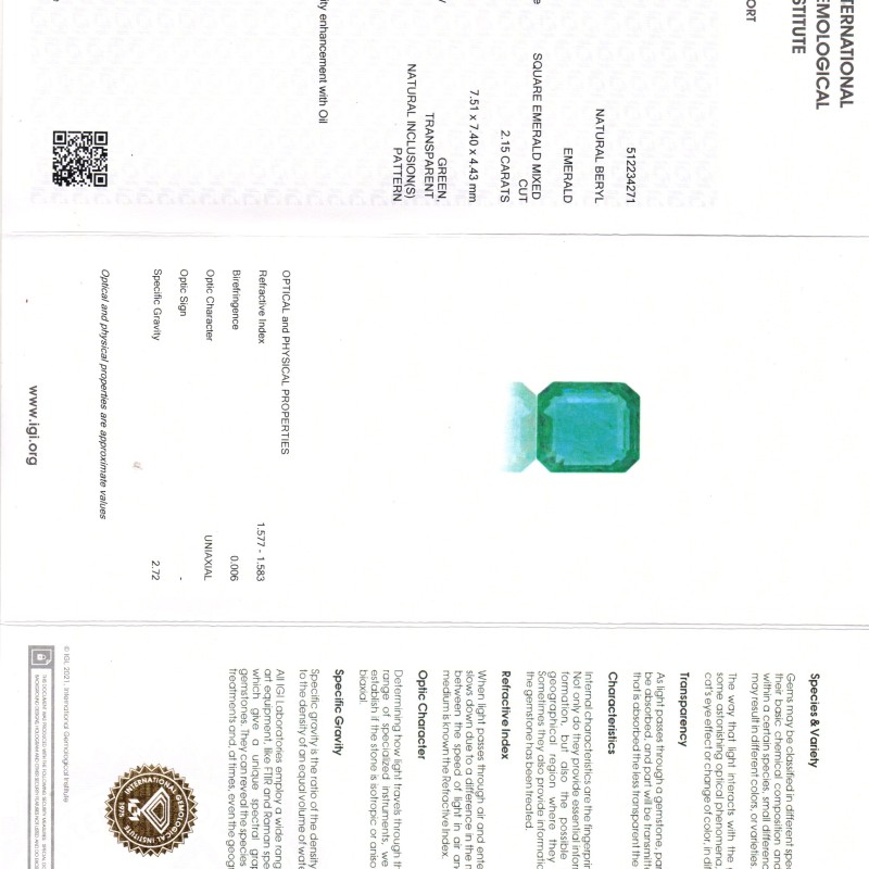 2.15 Ct IGI Certified Untreated Natural Zambian Emerald Gemstone AAA