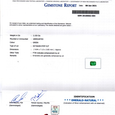 2.15 Ct Certified Untreated Natural Zambian Emerald Gems AAA