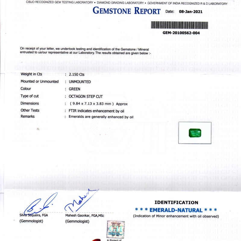 2.15 Ct Certified Untreated Natural Zambian Emerald Gems AAA