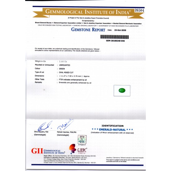 2.16 Ct GII Certified Untreated Natural Zambian Emerald Gems AA