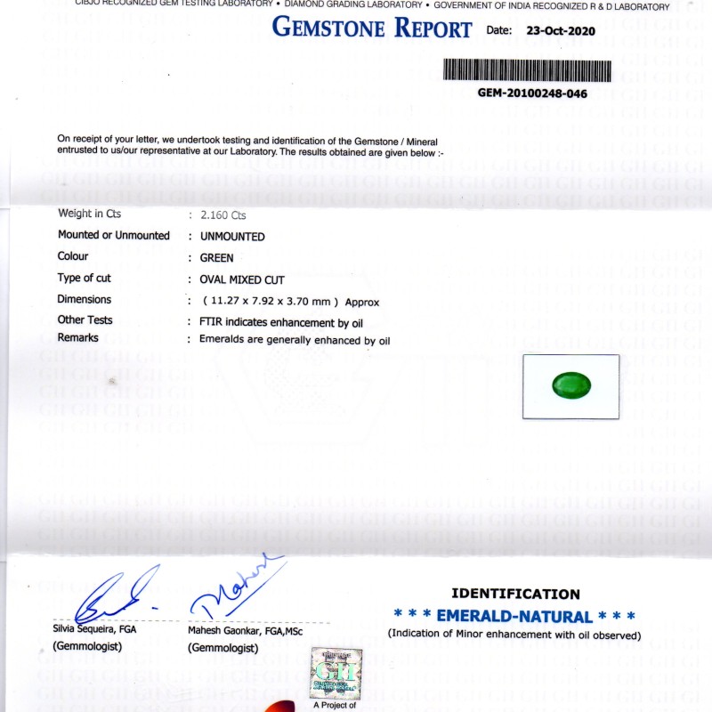 2.16 Ct GII Certified Untreated Natural Zambian Emerald Gems AA 2.16 Ct GII Certified Untreated Natural Zambian Emerald Gems AA