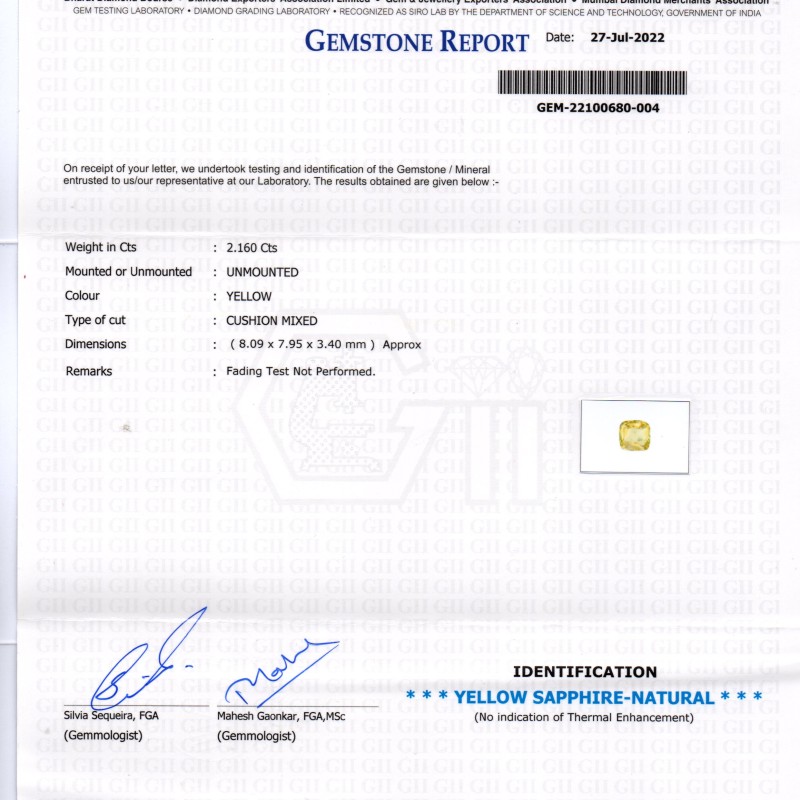 2.16 Ct GII Certified Unheated Untreated Natural Ceylon Yellow Sapphire