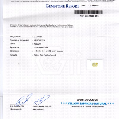 2.16 Ct GII Certified Unheated Untreated Natural Ceylon Yellow Sapphire 2.16 Ct GII Certified Unheated Untreated Natural Ceylon Yellow Sapphire