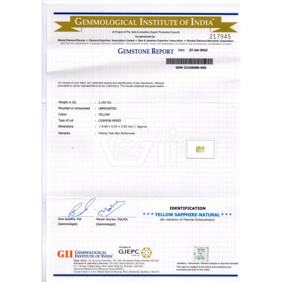 2.16 Ct GII Certified Unheated Untreated Natural Ceylon Yellow Sapphire