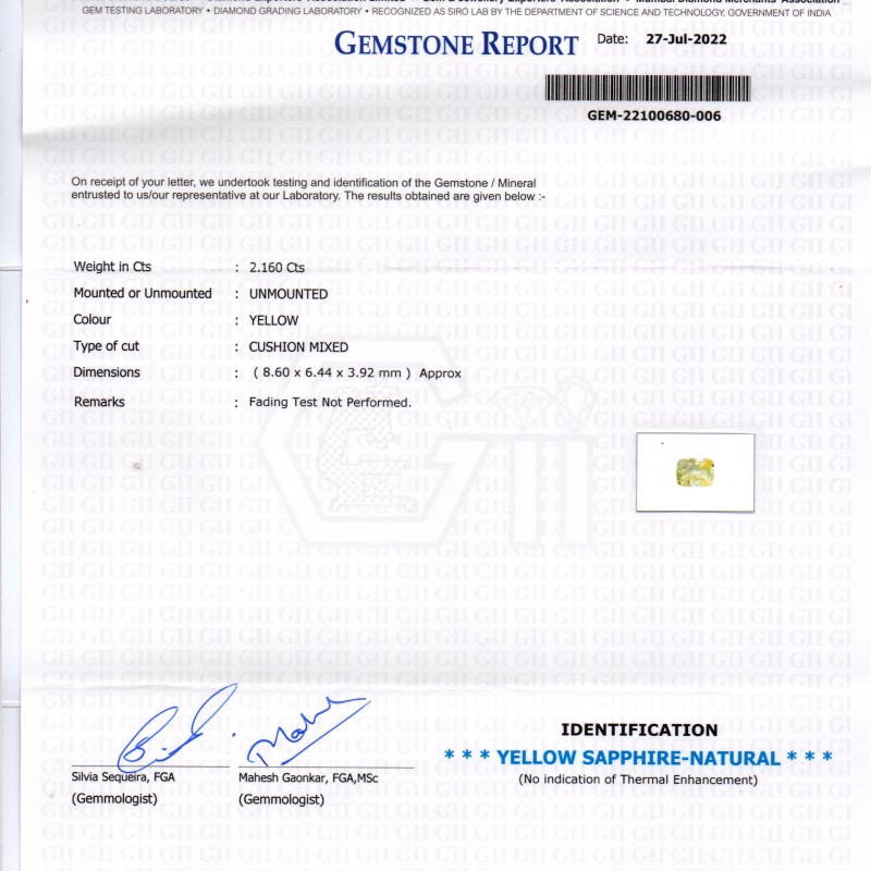 2.16 Ct GII Certified Unheated Untreated Natural Ceylon Yellow Sapphire 2.16 Ct GII Certified Unheated Untreated Natural Ceylon Yellow Sapphire