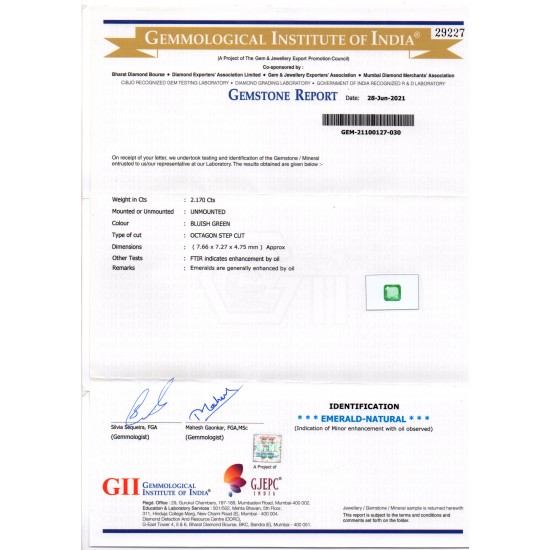 2.17 Ct GII Certified Untreated Natural Zambian Emerald Gemstone AAAAA