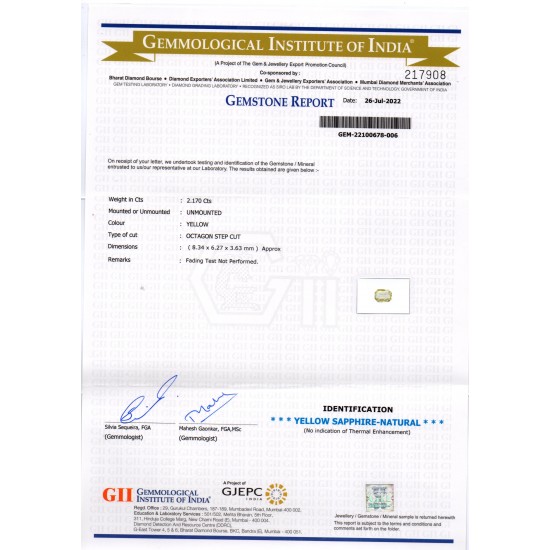 2.17 Ct GII Certified Unheated Untreated Natural Ceylon Yellow Sapphire