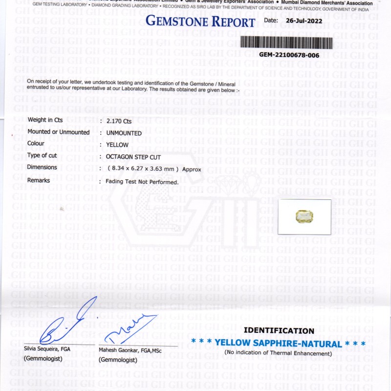 2.17 Ct GII Certified Unheated Untreated Natural Ceylon Yellow Sapphire