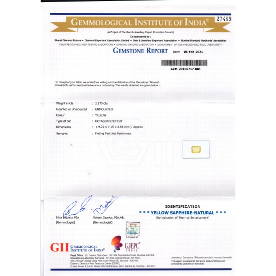 2.17 Ct Gii Certified Unheated Untreated Natural Ceylon Yellow Sapphire AAA
