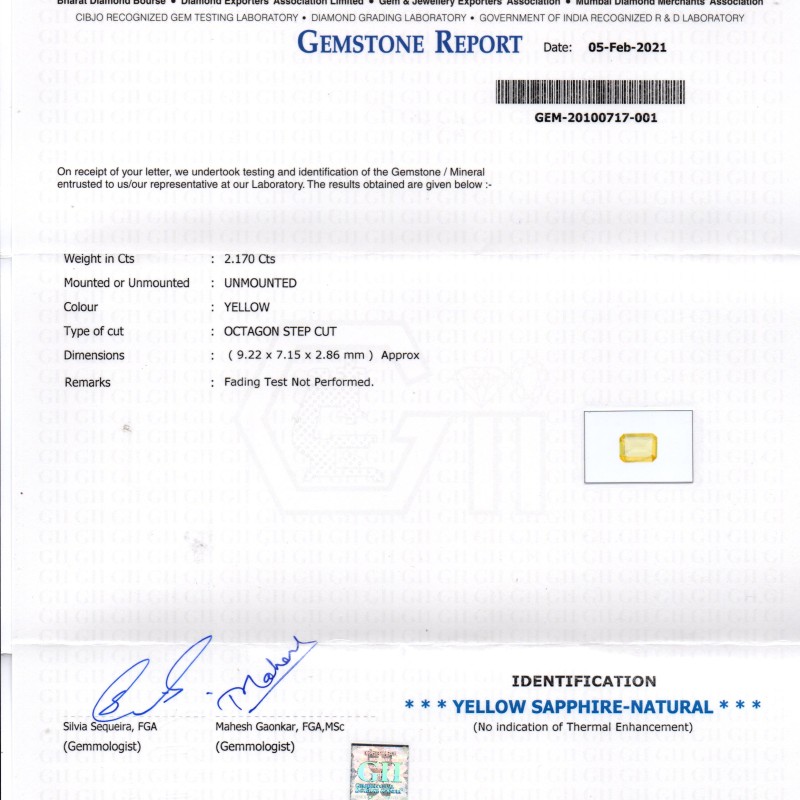 2.17 Ct Gii Certified Unheated Untreated Natural Ceylon Yellow Sapphire AAA 2.17 Ct Gii Certified Unheated Untreated Natural Ceylon Yellow Sapphire AAA