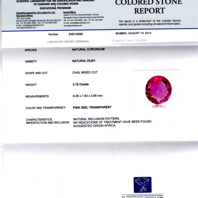 2.18 Ct IGI Certified Unheated Untreated Natural Madagaskar Ruby