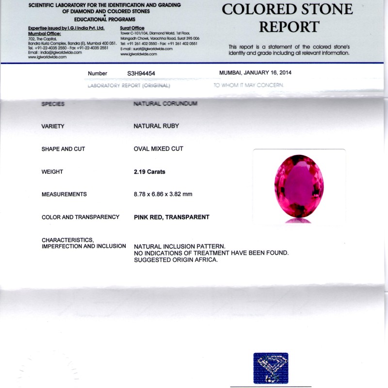 2.19 Ct IGI Certified Unheated Untreated Natural Pinkish Ruby **RARE** 2.19 Ct IGI Certified Unheated Untreated Natural Pinkish Ruby **RARE**