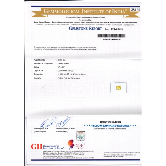2.19 Ct Gii Certified Unheated Untreated Natural Ceylon Yellow Sapphire AAA