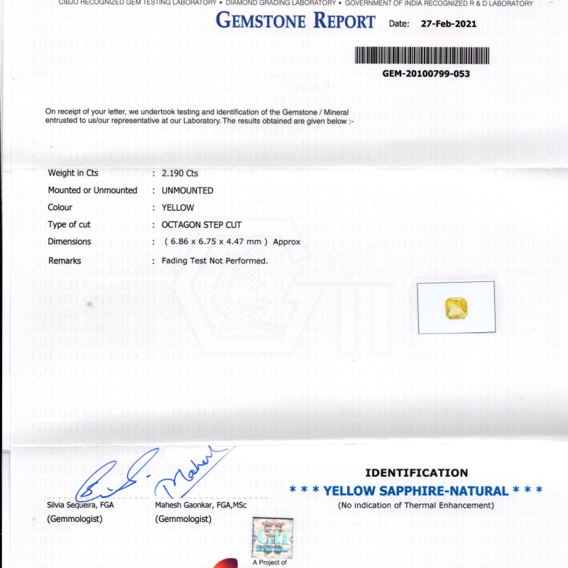 2.19 Ct Gii Certified Unheated Untreated Natural Ceylon Yellow Sapphire AAA 2.19 Ct Gii Certified Unheated Untreated Natural Ceylon Yellow Sapphire AAA