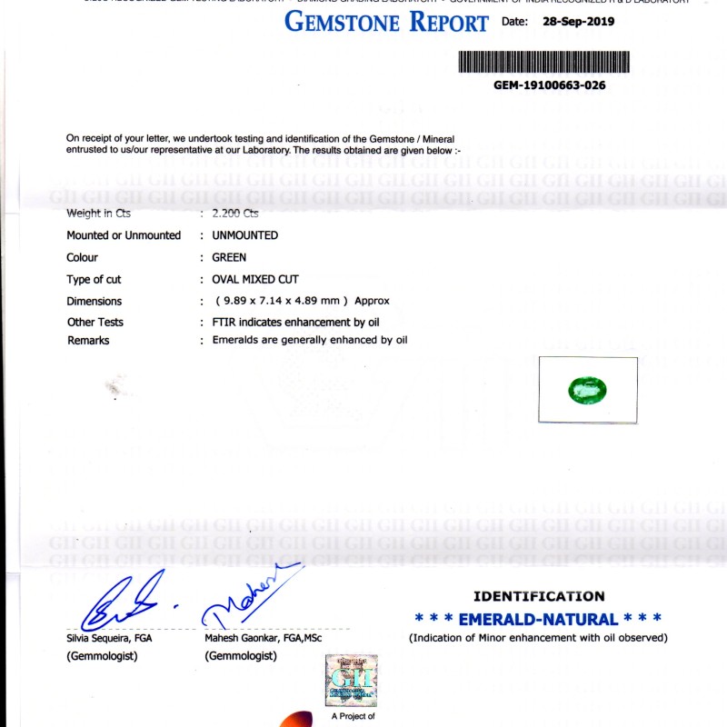 2.20 Ct GII Certified Untreated Natural Zambian Emerald Gemstone AAA